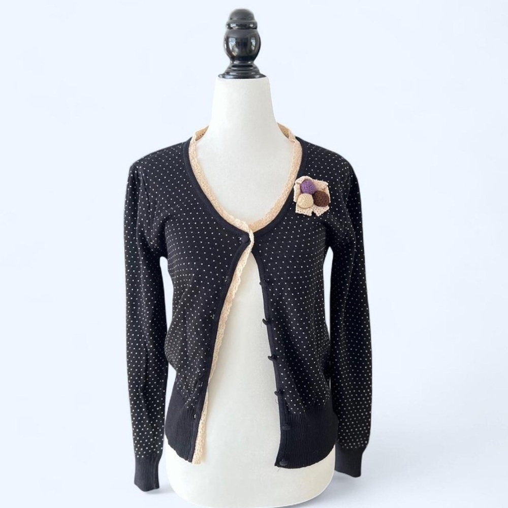 Black Polka Dot Knit Cardigan Knit Trim Floral Whimsy Twee Cottagecore Boho